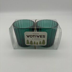 Bright Star 2 Green Ridged Glass Votives Christmas Tea Light Candles Holder NEW